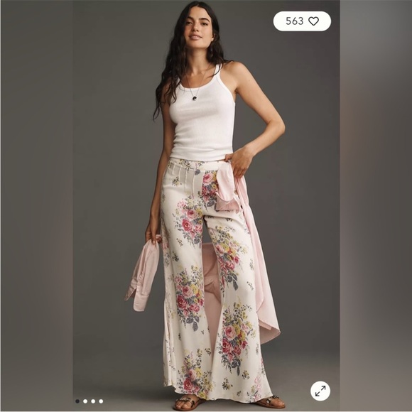 By Anthropologie Floral Lace Silky Flare Pants - Picture 2 of 11